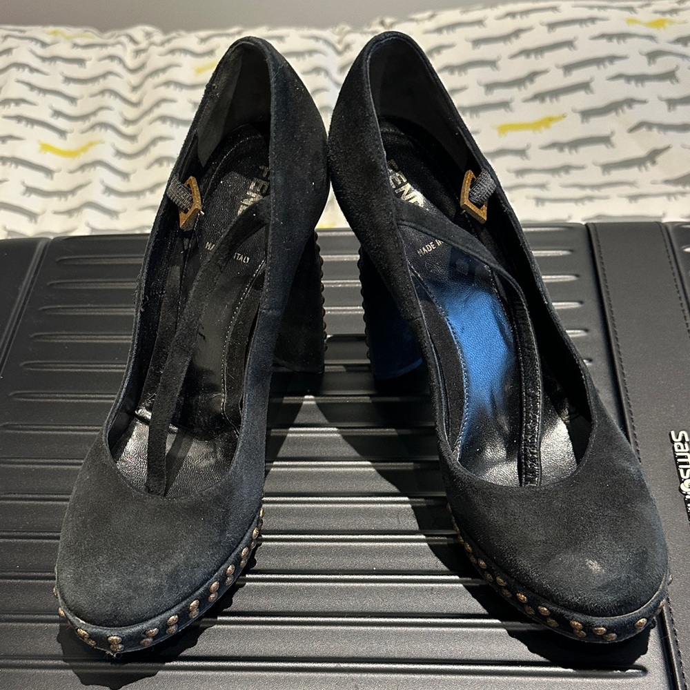 Fendi Black Suede Heels with Studded Trim